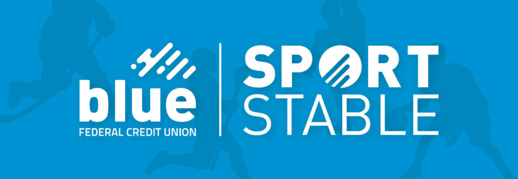 Blue Federal Credit Union Sport Stable logo overlayed over a blue background with people silhouettes of people playing different sports.