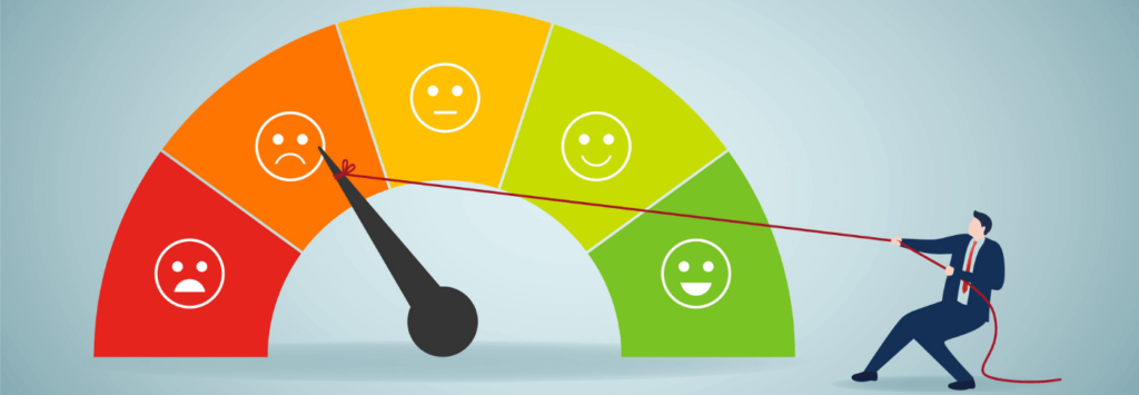 Gráfico de una persona con traje tirando del marcador en un indicador de una tarjeta de crédito con puntaje de malo a bueno.