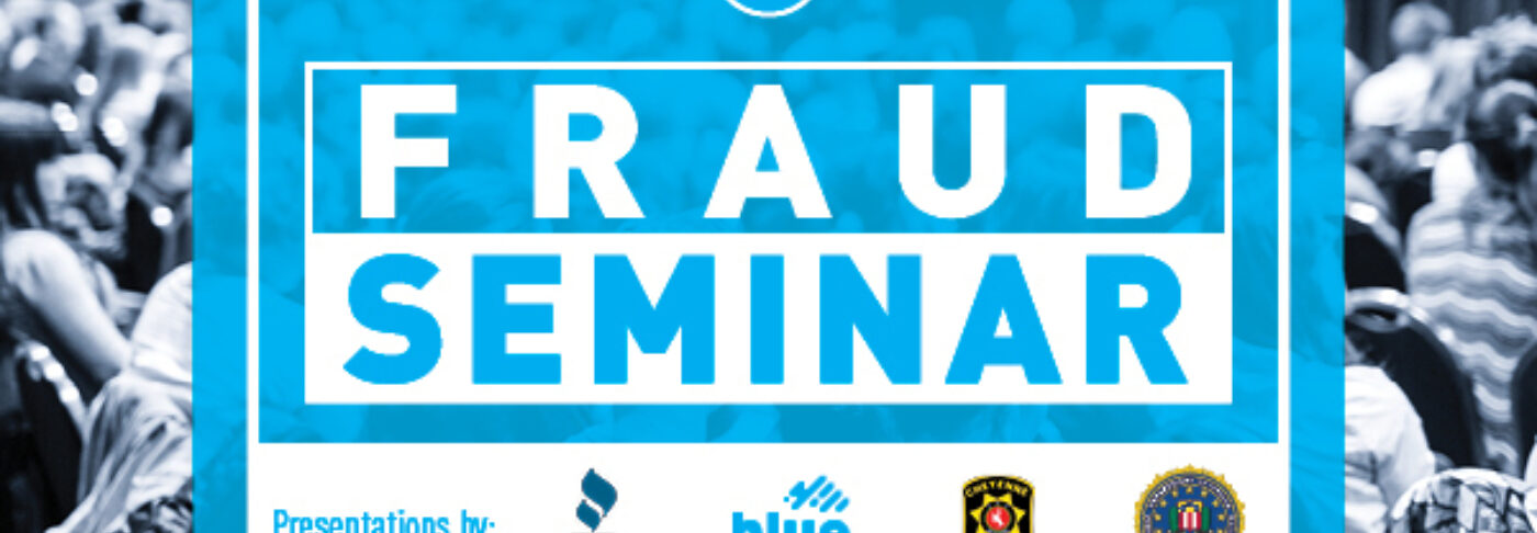 Foto en blanco y negro con una superposición azul con texto que dice "Seminario de fraude"