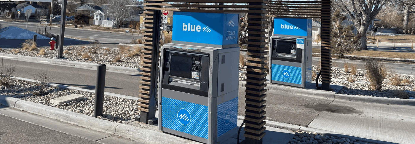 Blue Federal Credit Union Virtual Teller Machines (VTM) in a drive through at the Blue World Headquarters.